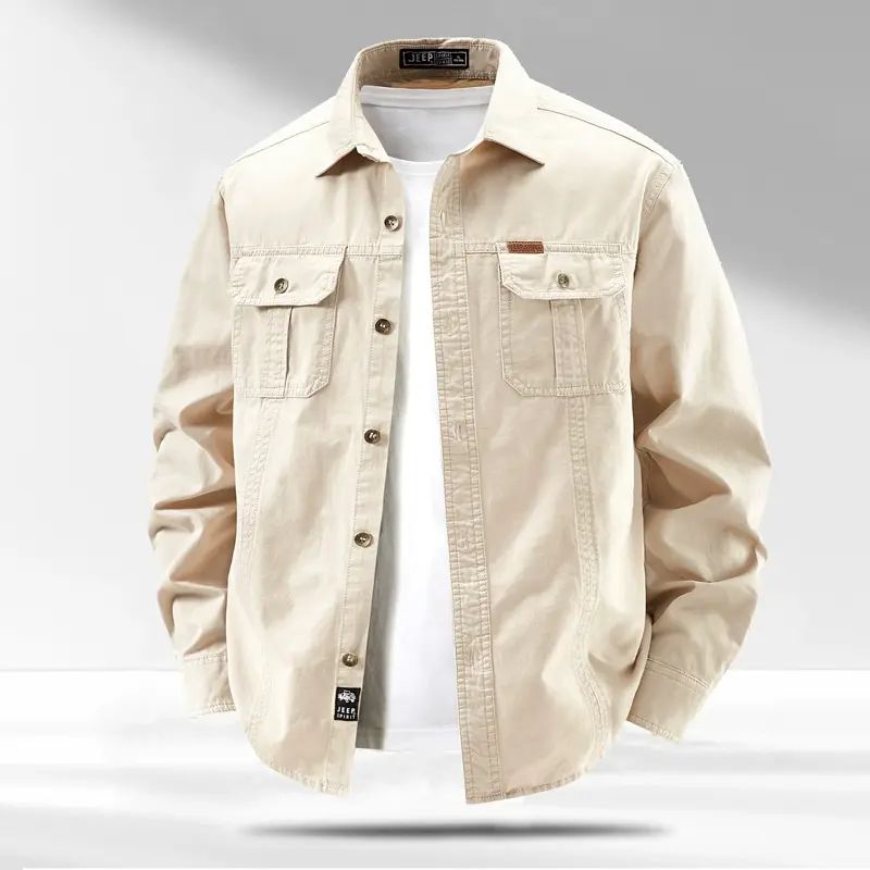 纯色大码春秋季男衬衣上衣工装户外休闲百搭水洗纯棉长袖宽松