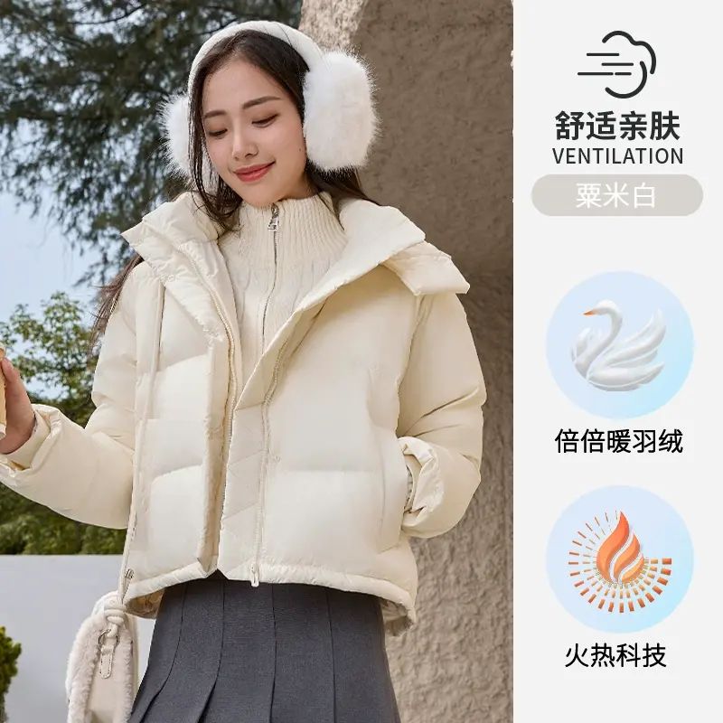 骆驼泡芙羽绒服女短款2024冬季加厚防风防水保暖连帽面包服外套女