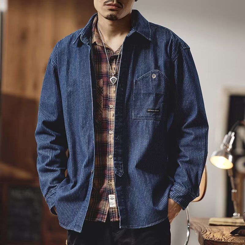 美式牛仔外套男士春秋季新款潮牌宽松印花男生复古上衣服夹克-蓝色 M