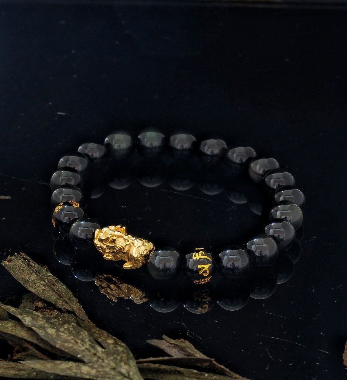 Obsidian 8mm + steel 貔貅 Crystal Bracelet