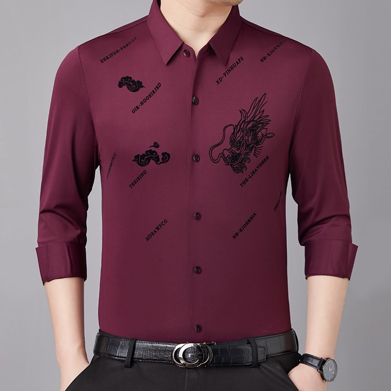 轻奢男装无缝高弹春季新款龙年衬衫男轻熟休闲时尚印花翻领衬衣男