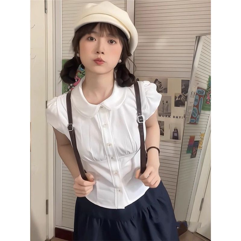韓系學院風娃娃領短袖恤衫 女裝顯瘦收腰短款上衣 百搭白色- 單件-白色短袖襯衫 XS