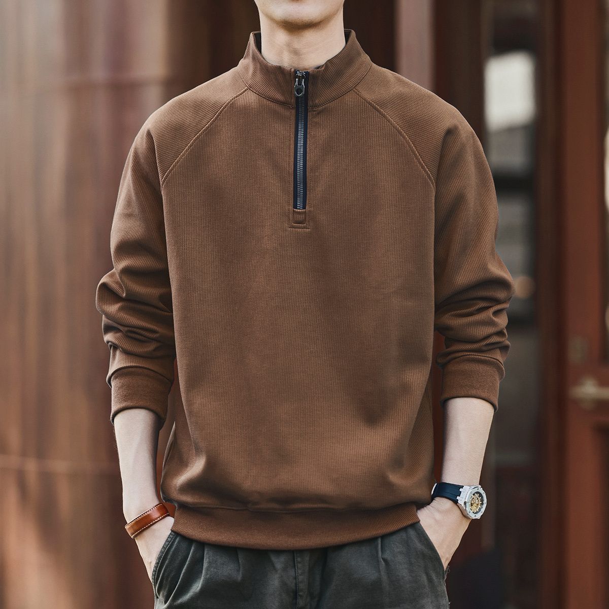 美式复古半拉链立领卫衣男春秋季潮牌宽松休闲新款运动外套-棕色 5XL