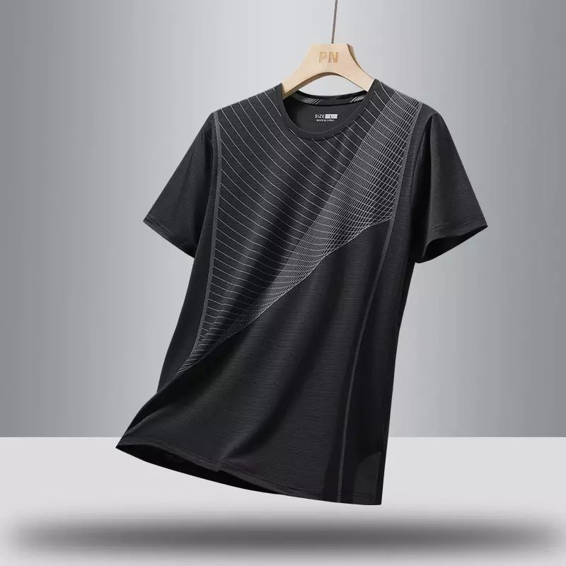 告别炎热 男士夏季冰丝速干T恤男短袖条纹印花运动跑步圆领上衣服