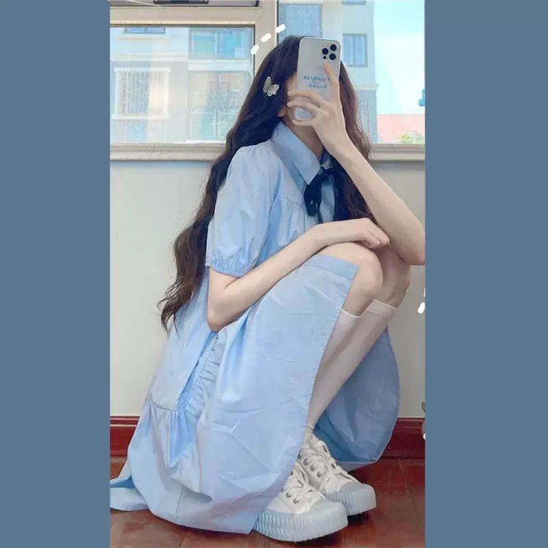 奶藍色連身裙女夏季奶甜可鹽可甜炸街泡泡袖初戀公主恤衫娃娃裙子-奶藍色 S