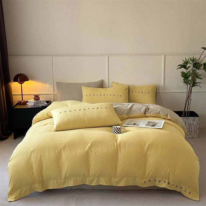 輕奢風純色刺繡床品套裝|可機洗|水洗棉|超柔刺繡-5尺床|2枕袋+床笠+被袋 都市黃