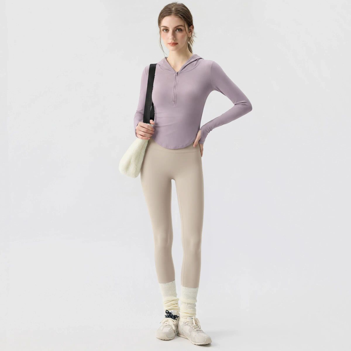 瑜伽服女2026新款連帽拉鏈長袖修身顯瘦運動上衣普拉提健身服套裝-香芋紫上衣+象牙白瑜伽褲 S-款式8