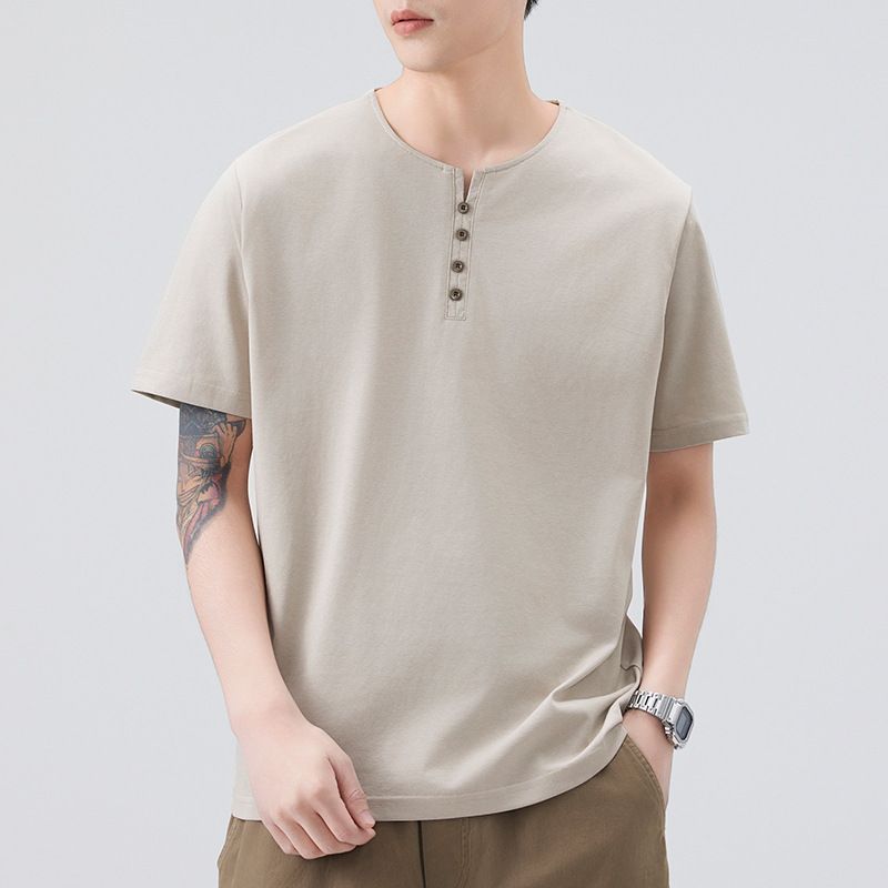 短袖T恤男夏季新款潮流设计感纽扣点缀宽松五分袖体恤百搭衣服男