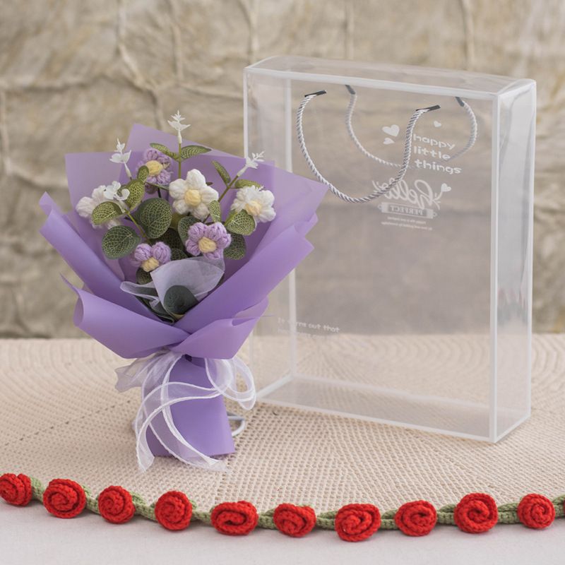 手工鉤織康乃馨玫瑰花束禮盒 母親節禮物 毛線花 手工花 香港熱賣- 泡芙花紫色系6朵-中PET盒 均碼