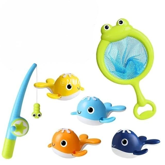 浴室玩具，4只可爱的浴室鲸鱼玩具套装，附带玩具钓鱼竿和网，浮动玩具，儿童沐浴、海滩、游泳池用水上玩具。