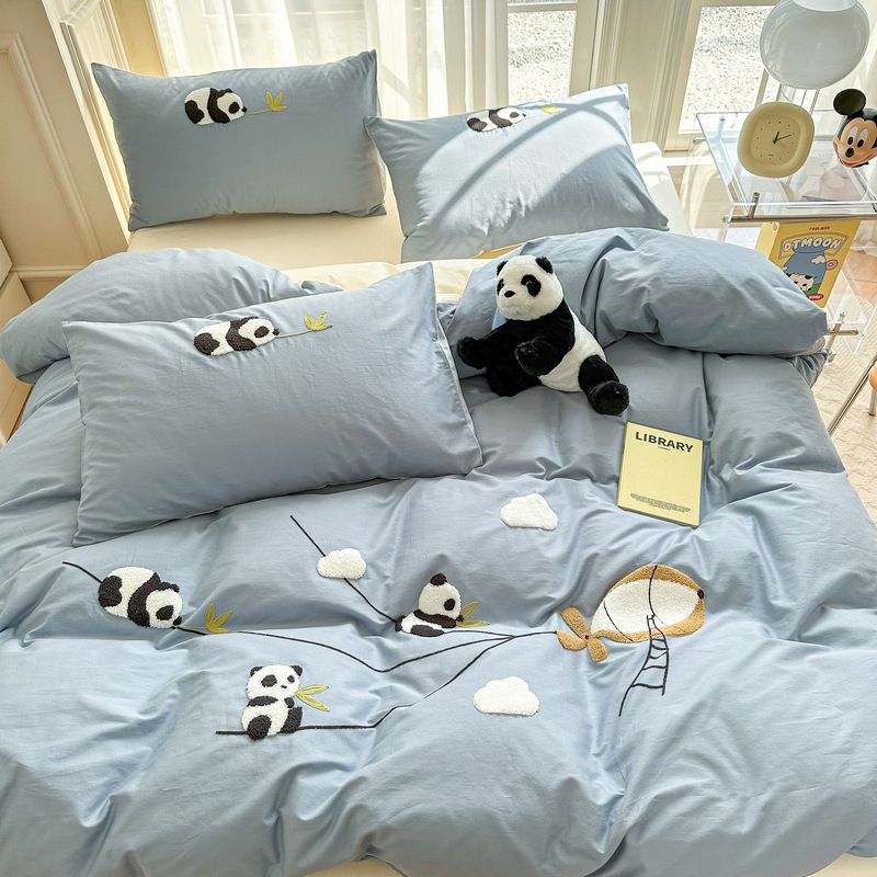 純棉床品套裝|可機洗|長絨棉|四季款簡約輕奢毛巾繡|Panda回家系列 -5尺床|2枕袋+床笠+被袋