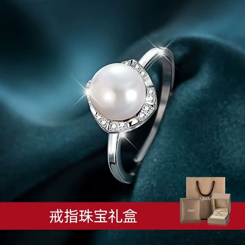 天然淡水真珍珠纯银戒指女开口小众设计妈妈款单颗白色珍珠银戒指