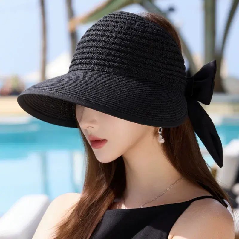 夏季新款大簷防曬遮陽帽女防紫外線草編空頂太陽帽蝴蝶結沙灘帽