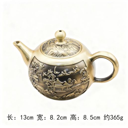 內地直送| 純黃銅茶壺龍鳳壺百福仿古拉絲茶水壺家居裝飾品古玩收藏做舊