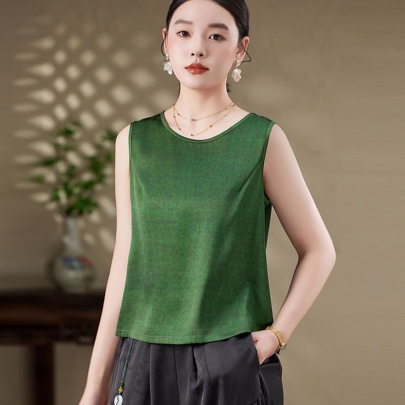 提花圆领背心女夏季新款中年女清凉顺滑缎面小衫体恤