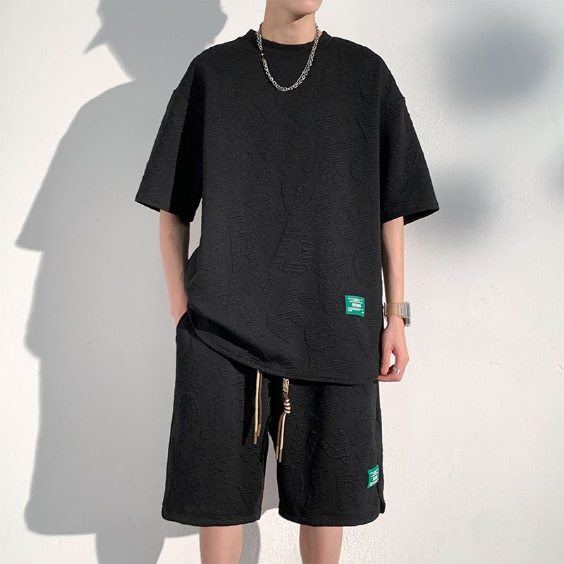 优质新款美式肌理感运动套装男士五分袖T恤短裤潮牌宽松两件套装