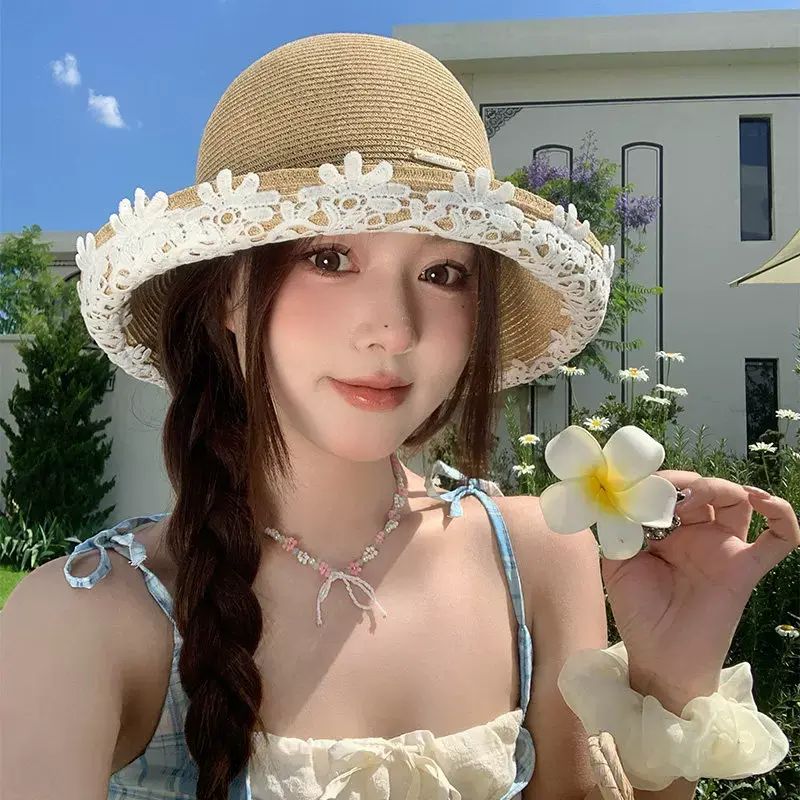 草编渔夫帽女夏季新款海边度假沙滩帽大檐透气遮阳防晒帽