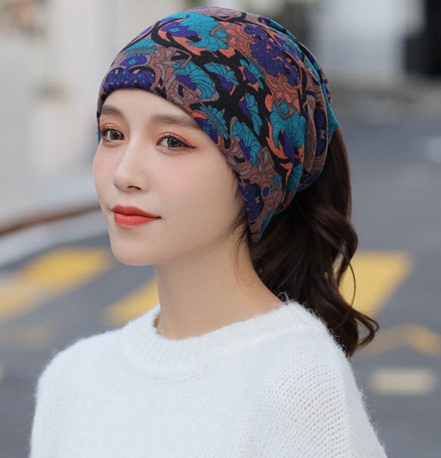 防寒保暖仿羊絨百變圍脖套頭堆堆帽多功能針織扭扭帽（68優雅藍花） （大版型62cmX55cm）