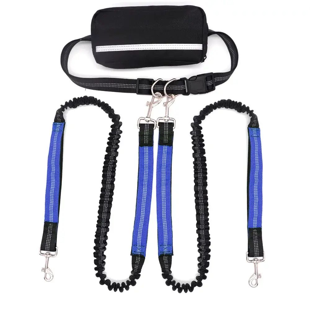 腰系跑步狗狗牵引绳防爆冲大型犬遛狗绳运动腰包宠物牵引带一拖二