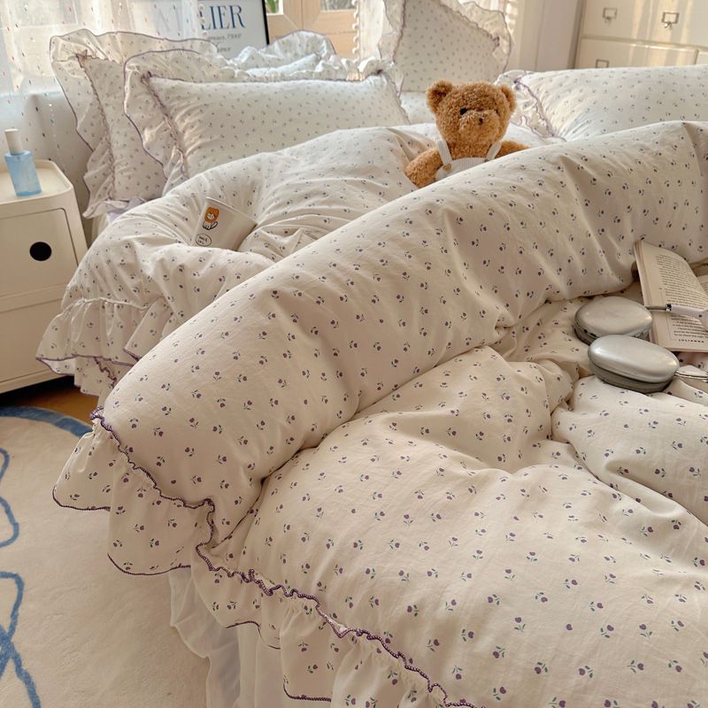 法式復古風床品套裝|花邊水洗棉|5尺床|2枕袋+床笠+被袋 滿園春紫