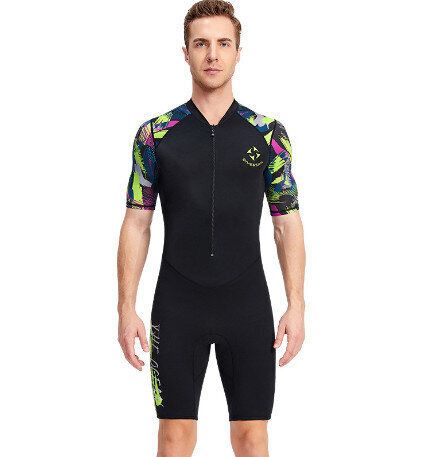 連體防曬游泳衣短袖短褲1.5mm保暖浮潛衝浪水母潛水衣(黑色 M-3XL碼)(下單後請聯絡客服確認發貨尺碼)