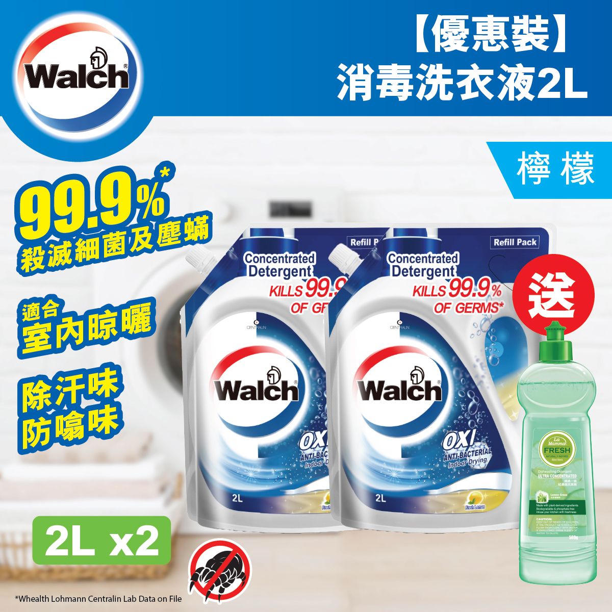 Anti-bacterial Laundry Detergent Lemon refill bag pack*2 + Detergent