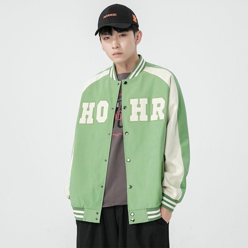 棒球服春秋季美式复古潮牌外套字母宽松休闲立领棒球衫情侣装
