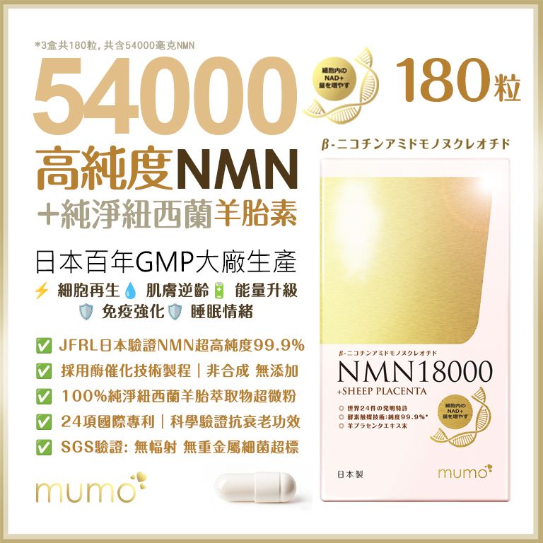 nmn【3盒裝】日本醫學級(3盒共180粒=含54000mg NMN) 羊胎素逆齡膠囊【日本製 | 24項專利 | 99.9%純度 | 非合成酶催化技術】nmn NAD+抗衰老 逆齡(90655)*3