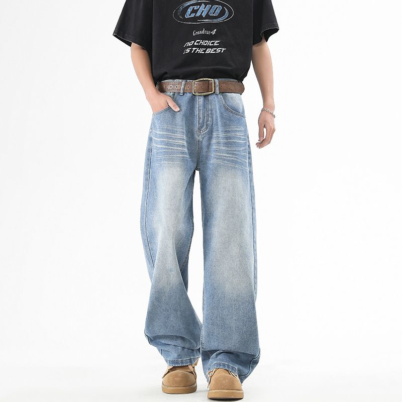 男装 美式水洗猫须浅蓝色牛仔裤男女cleanfit直筒宽松休闲裤