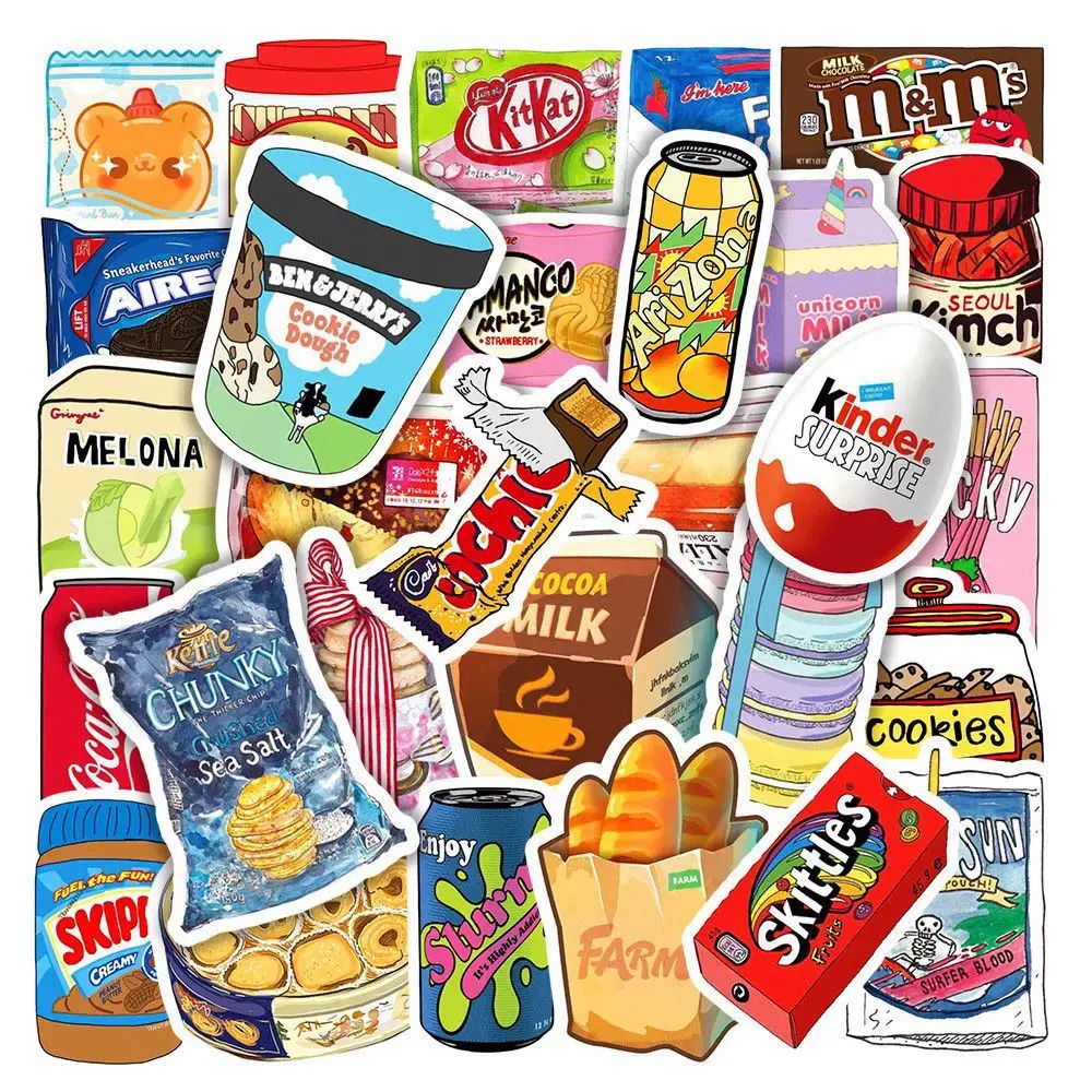 100 cartoon ins style snack stickers, creative and interesting potato chips, biscuits, gluttonous s