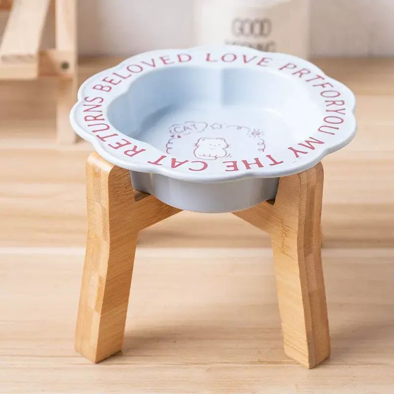 日本MUJIQ Pet陶瓷竹架宠物碗饭盆狗粮碗猫咪碗高脚防打翻喂水盆