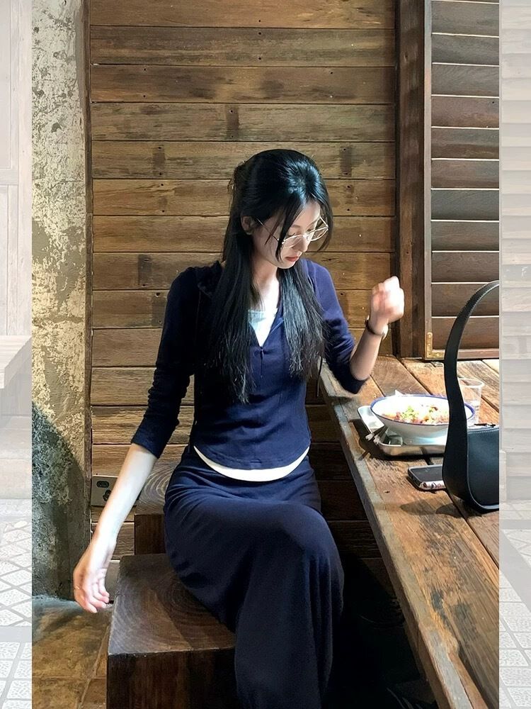 早秋2025新款女裝一整套減齡洋氣時尚顯瘦寬鬆上衣高腰半身裙套裝-藏藍色套裝 S
