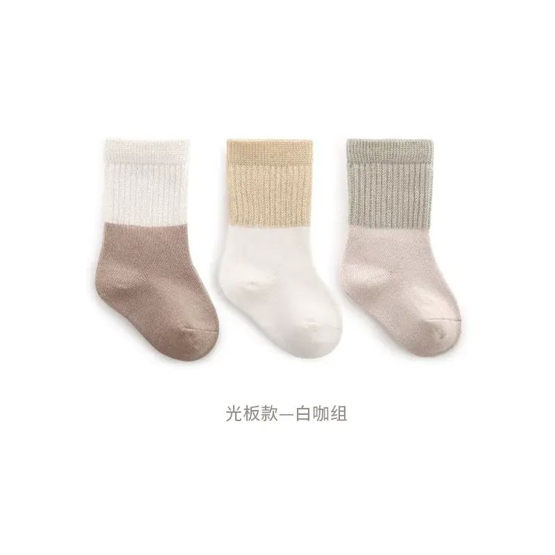 拉夏莉亞BB襪 嬰兒無骨棉襪 男女童中筒襪 春秋季透氣- 3雙裝，光板款-白咖組 0-1歲，腳長8-11cm