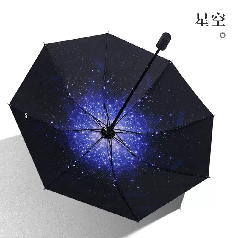 Small black umbrella, black vinyl, UV-protective, sun and rain umbrella, rain and shine umbrella.