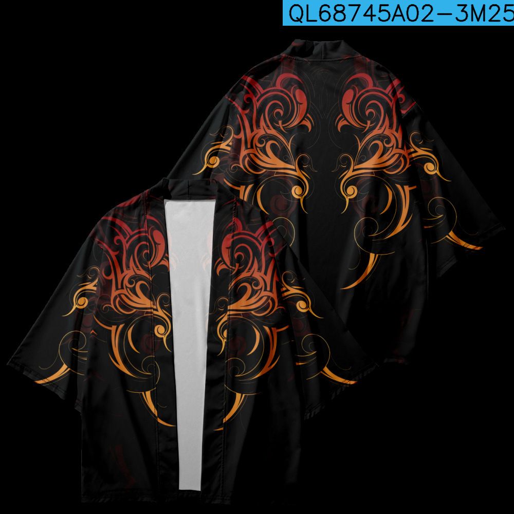 Summer Kimono Creative Illustration Printed Seven-Sixth Col-QL40513A27 black line 3M25 2XS