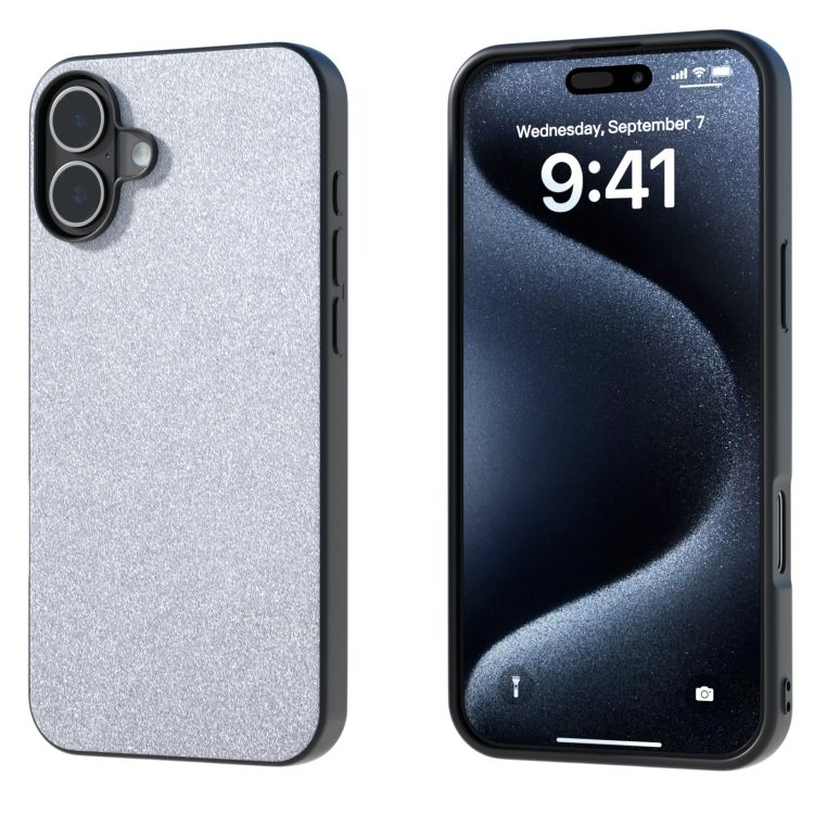 適用於iPhone 16 黑邊閃粉防摔手機保護殼（銀色）