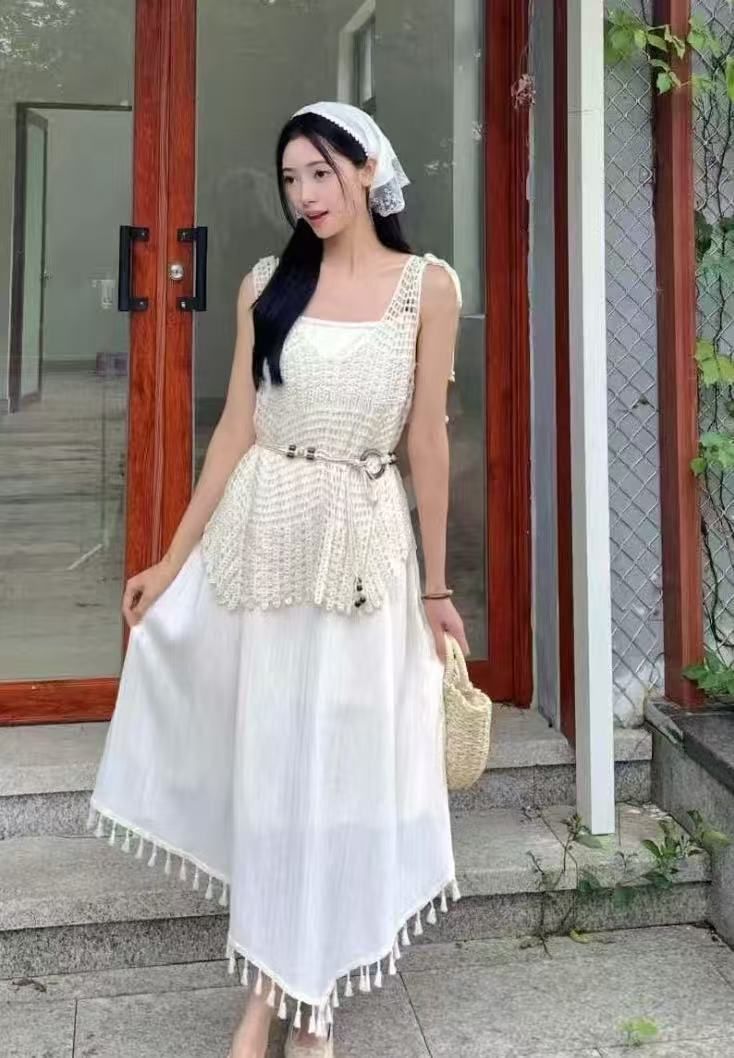 韓系流蘇吊帶三件套 無袖V領針織衫背心套裝 夏季新款- 1168#深藍吊帶裙（含腰帶） 均碼