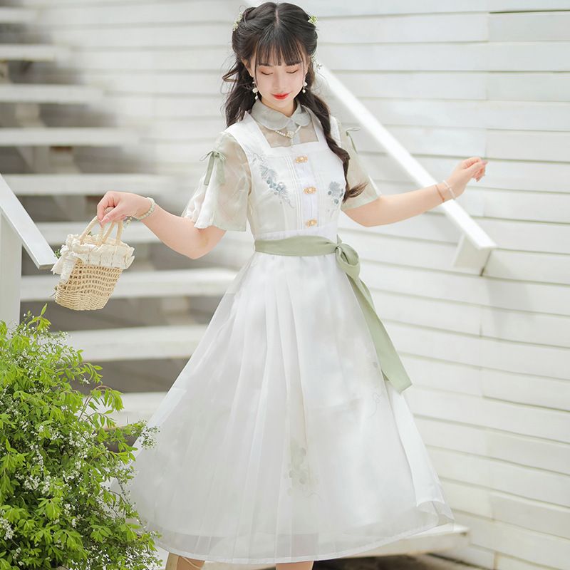 原創設計新款青提詞漢服女漢元素改良襯衣連衣裙套裝8618