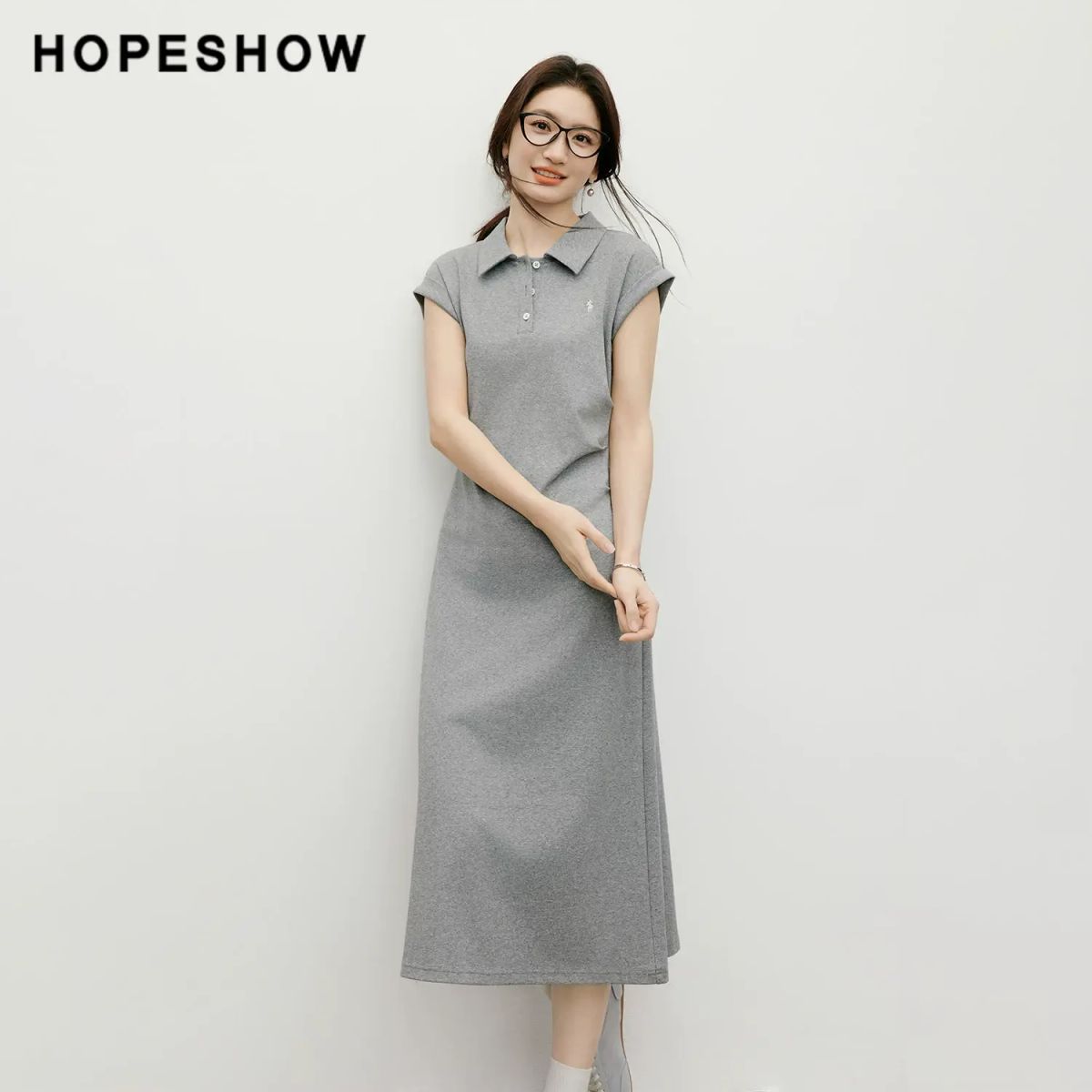紅袖灰色連身裙2026夏季新款女裝刺繡壓褶小飛袖POLO反領休閒裙-灰060 S