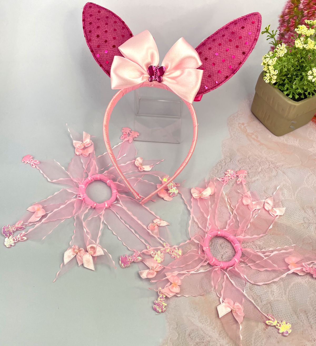 節日兔耳貼亮點頭箍 + 兔/蝴蝶結髮圈 - 時尚/節日/派對 (3件裝)