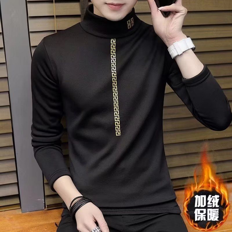 冬季加绒卫衣青少年半高领保暖打底衫T恤潮流加绒卫衣-长城黑色加绒 M