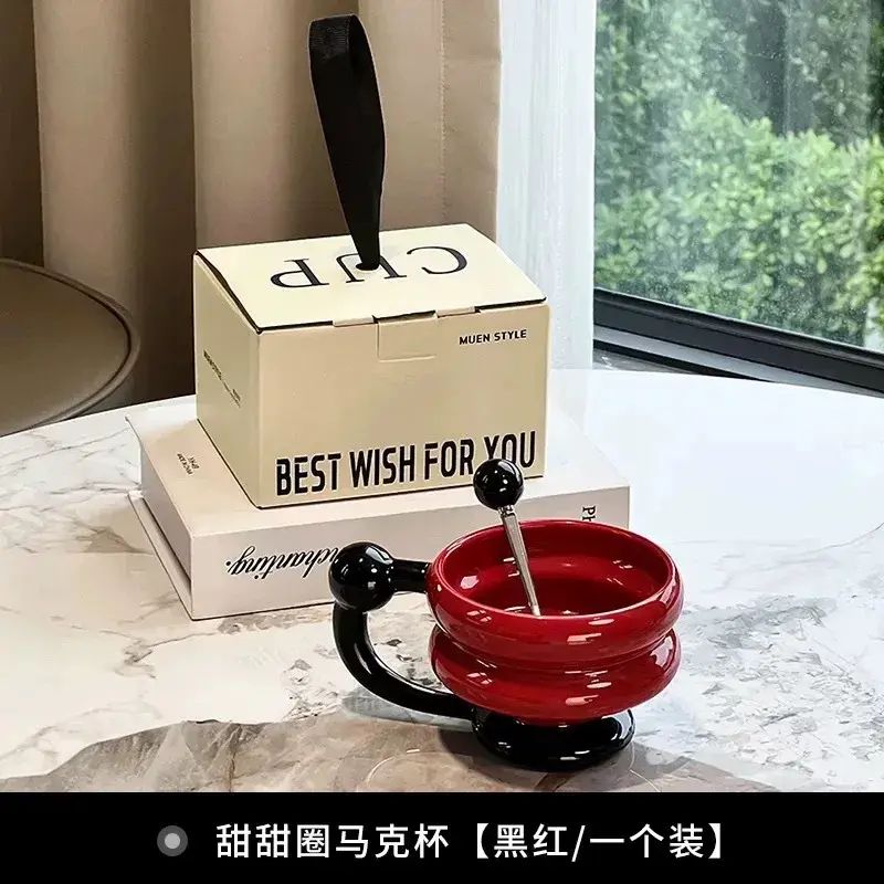 高顏值陶瓷馬克杯家用喝水杯帶勺輕奢辦公室咖啡杯情侶送禮早餐杯