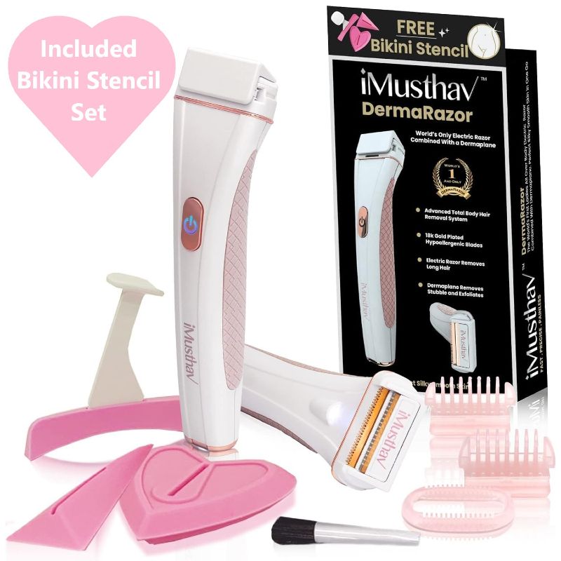 iMusthav DermaRazor Rechargeable Body Hair Remover,Bikini Trimmer for women.Removes unwanted hair stubble & pubic hair.Trim in one go perfectly silky smooth skin. 18K Gold plated hypoallergic blades, included Bikini Stencil Set