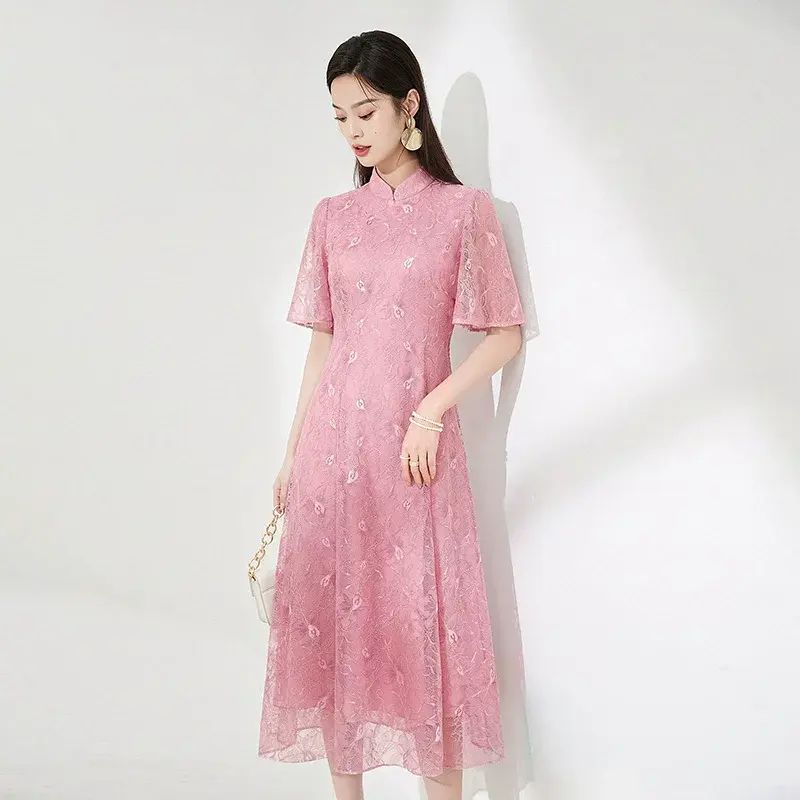 黛瑪詩2026夏季新款粉色減齡新中式蕾絲短袖連身裙女粉紅宴會禮服-粉紅 M