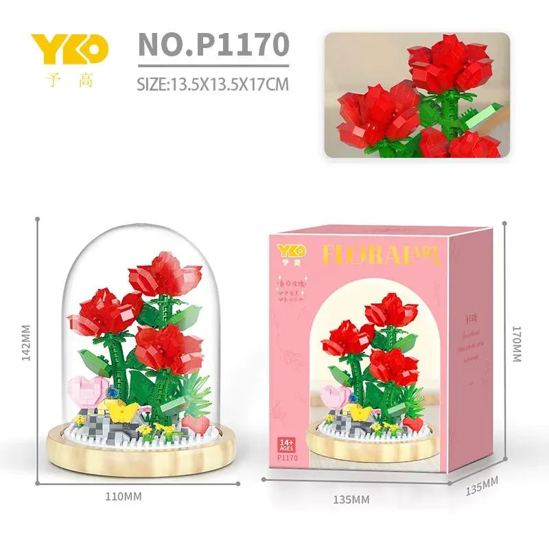 Building Block Flower Potted Rose DIY Small Particle Blocks Creative Desktop Ornament Toy