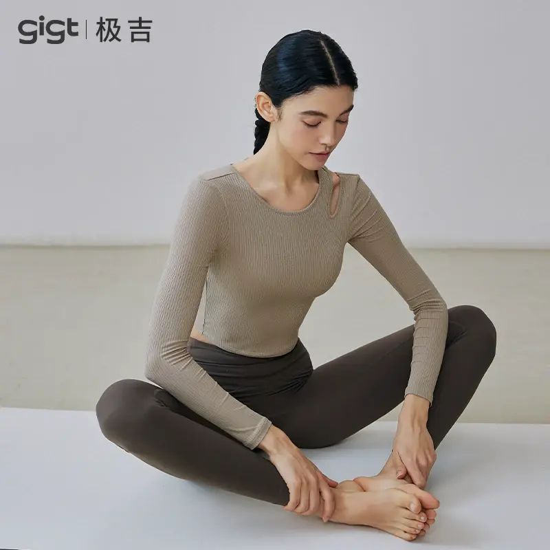 羽織系列gigt極吉零感杯瑜伽服套裝女運動短袖普拉提健身上衣-卡其色【長袖】 S-款式5