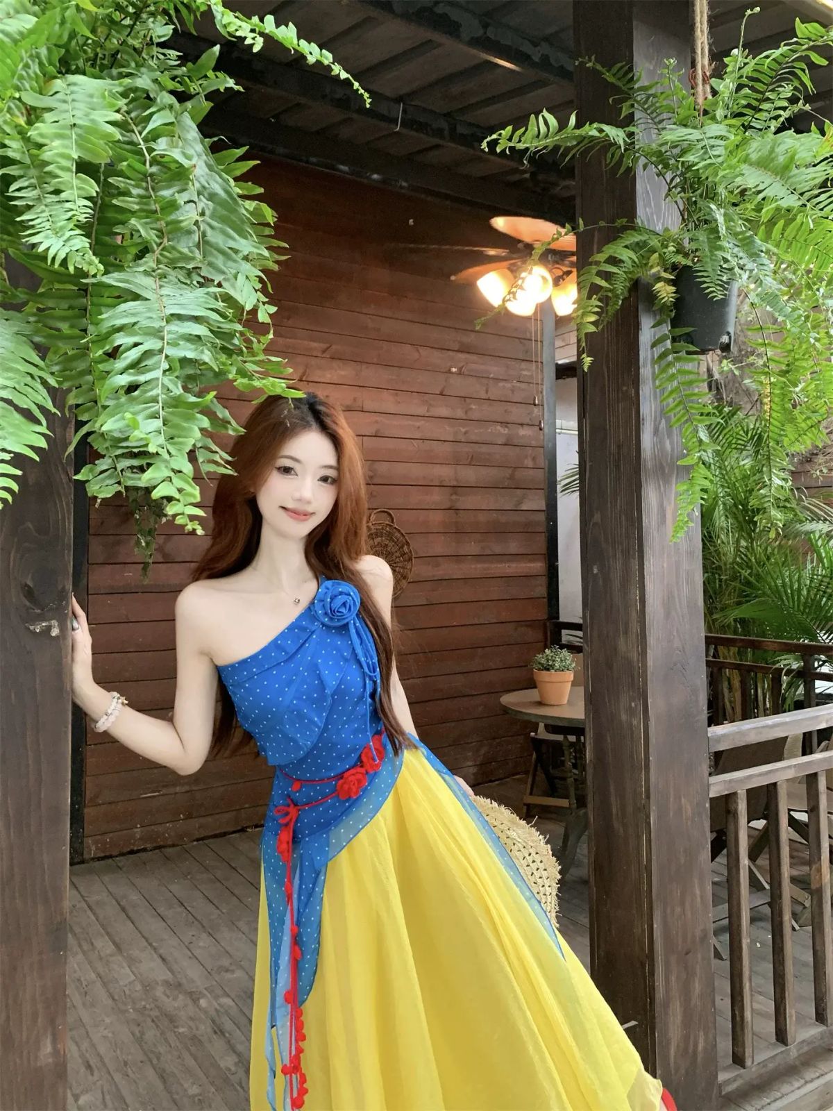 Asymmetric Strappy Vest with Slanted Shoulders and Polka Dot Pattern  A Line Midi Skirt Wome Blue t