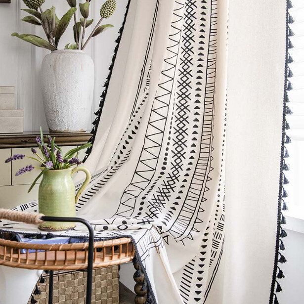 復古田園窗簾(寬150*高300cm（980g））(掛鉤-黑幾何6號+黑流蘇)