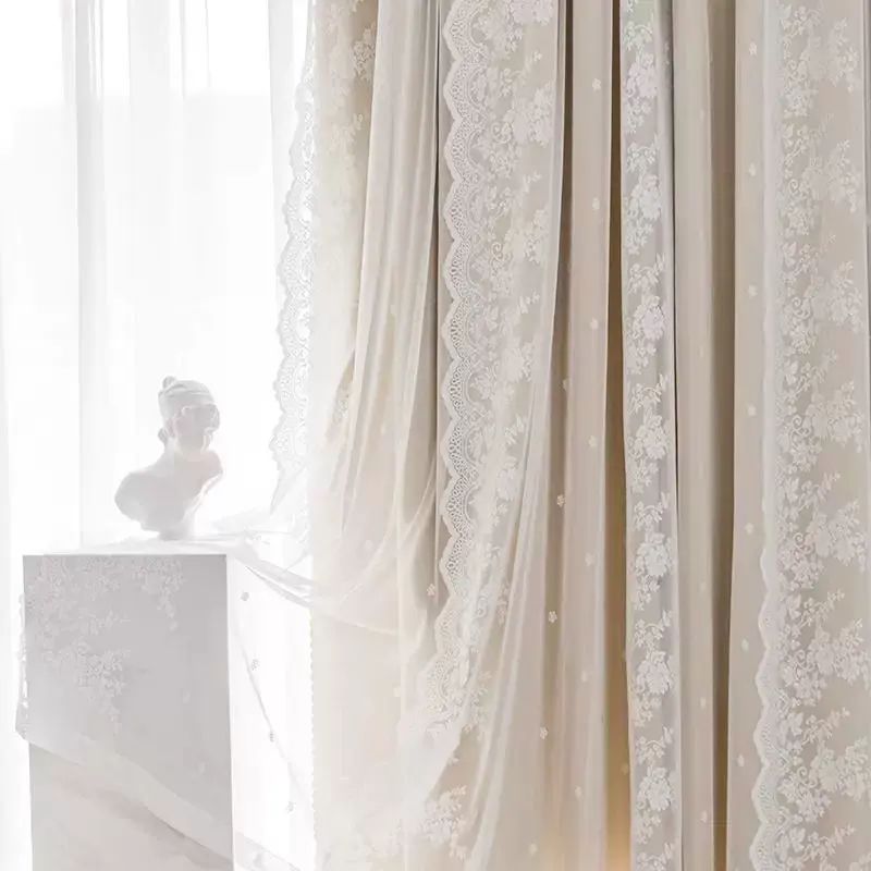 Hole-free curtains come with telescopic rods, a set of double-layer lace blackout bedroom and livin
