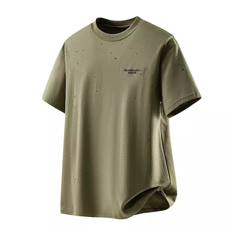 潮流泼墨T恤短袖男夏季薄款圆领透气汗衫高支高密绣花棉质宽松白t
